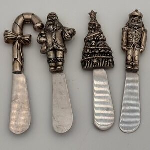 Christmas Holiday Cheese Spreader Set 4 Santa Nutcracker Tree Candy Cane Silver